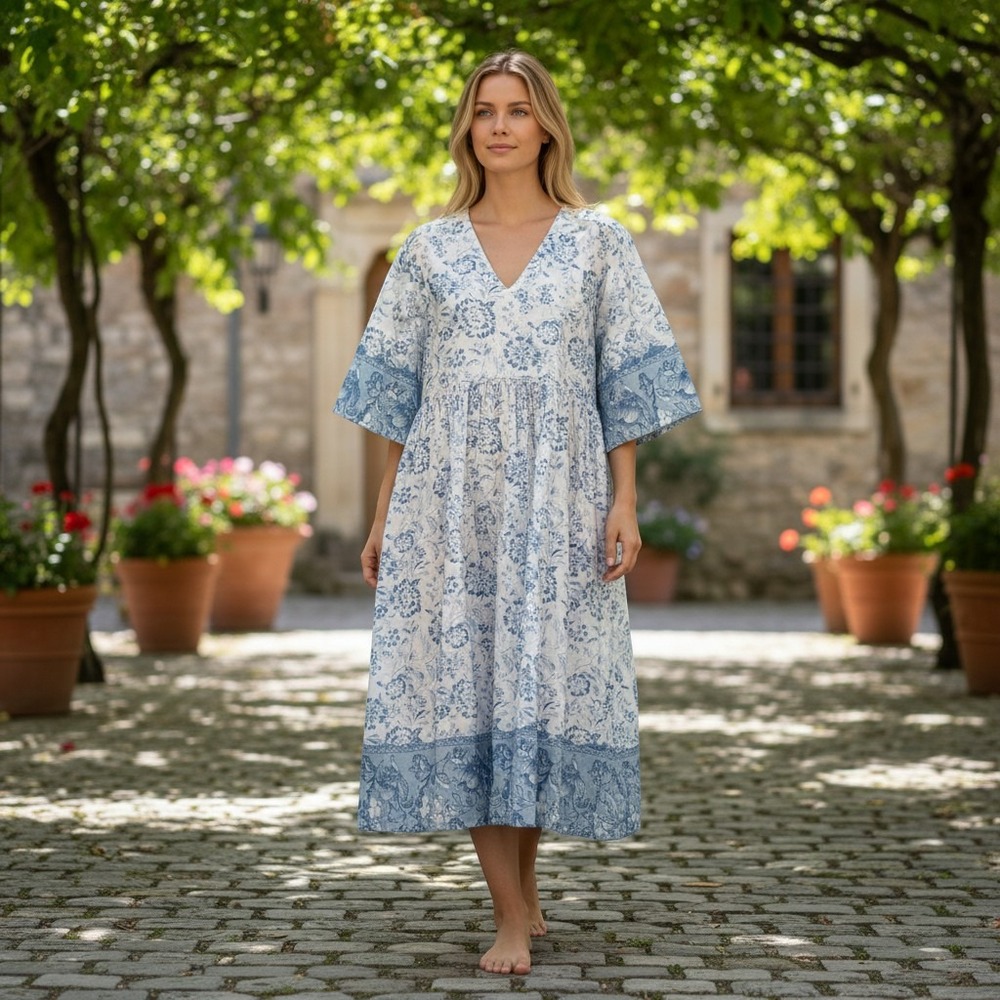 Maldila Womens XXL Midi‎ Dress Blue White Floral V Neck Button Front Boho NEW